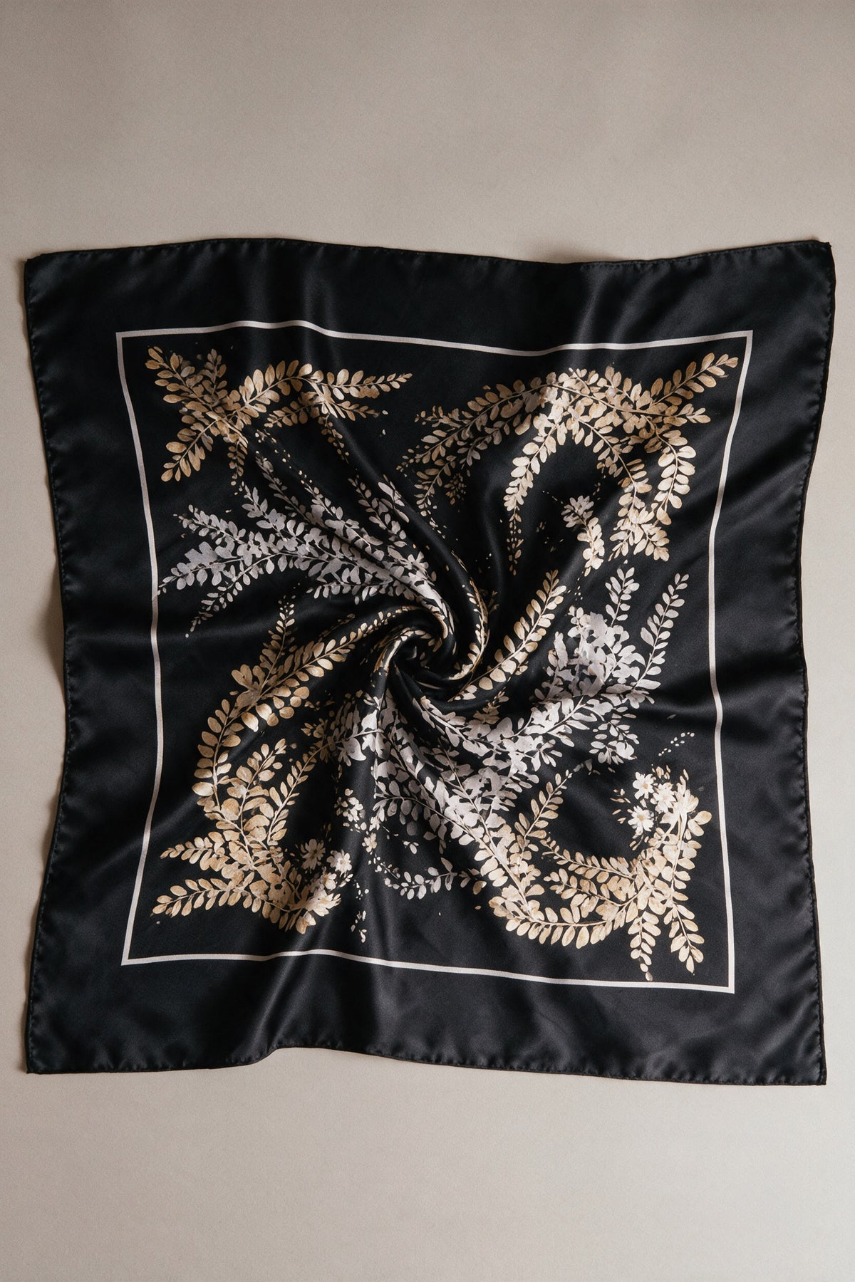 Vintage Silk Scarf, Black & Gold Botanical Print